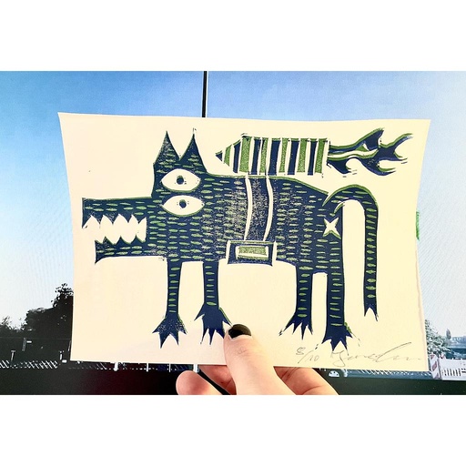 [HP007645] Der schwebende Hund aus dem MPC LAFOTE Video (Linoldruck zweifarbig Blau Grün) A5